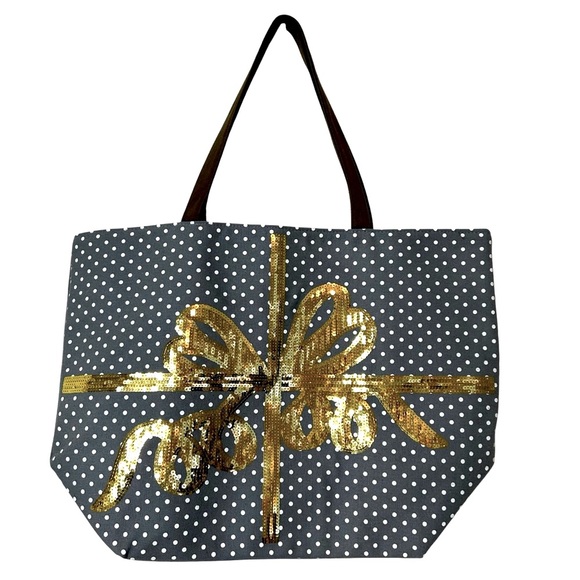 Large Canvas Tote Bag Polka Dots with Gold Sequin Bow Gray White Gold 15” X 21” - Picture 1 of 10